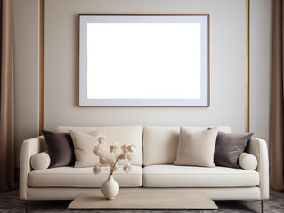 Mockup of a picture on the wall in an elegant and modern living room with sofa in pastel tones. Poster frame