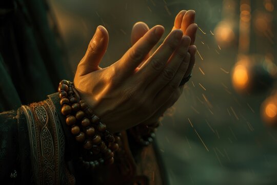A person's hands in prayer, adorned with prayer beads and softly illuminated, suggesting a moment of devotion, suitable for spiritual blog posts or religious event programs.