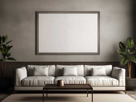 Mockup of picture on the wall in an elegant and modern living room with sofa in gray tones. Poster frame
