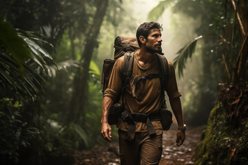 Fototapeta na wymiar Determined explorer trekking through a dense jungle. Generative AI