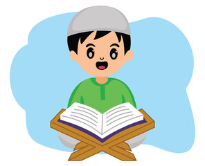 cute cartoon muslim boy reading holy Quran in month ramadan fasting