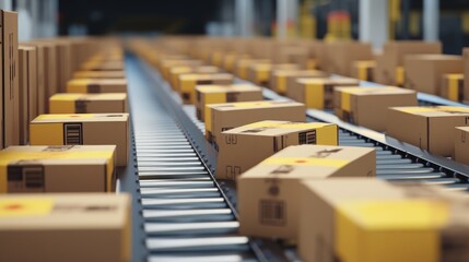 Fototapeta premium Cardboard boxes on a conveyor belt in a warehouse, in a goods distribution center.