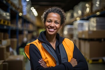 A positive female storekeeper in overalls stands against the background of shelves in a huge warehouse. - obrazy, fototapety, plakaty