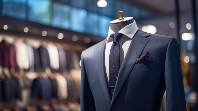 Elegant men's suit on a mannequin in a boutique. The suit is complemented with a tie and a pocket handkerchief. In the background you can see other suits neatly hung on hangers.