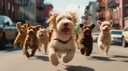A pack of playful and curious dogs run fast down a sunny city street.