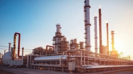 Large plant, factory on a summer day at sunset. Pipes of a gas power plant, industrial landscape. - obrazy, fototapety, plakaty