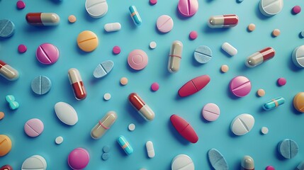 Assorted medications on blue backdrop, health and pharmacy concepts visualized, everyday medicines. AI