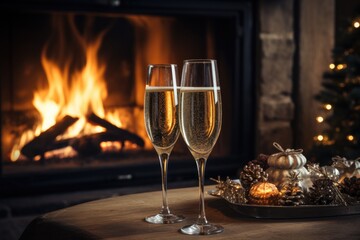 Glasses of champagne stand on the table against the backdrop of a burning fireplace. A festive Christmas evening in a cozy home environment. Romantic New Year's Eve.