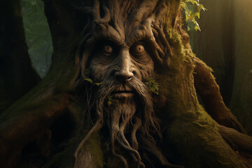 Mischievous forest sprite, peeking out from behind a gnarled tree trunk. Generative AI
