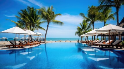 Tropical resort on the ocean under palm trees. Sun loungers and parasols around the pool. Summer sunny day.