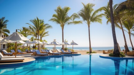 Tropical resort on the ocean under palm trees. Sun loungers and parasols around the pool. Summer sunny day. - obrazy, fototapety, plakaty