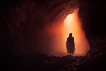 Mysterious cloaked figure standing at the entrance of a hidden cave. Generative AI