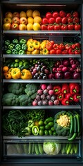 Assorted fresh vegetables in a refrigerator display. organized, colorful, and healthy food choices. ideal for nutrition and diet concepts. cozy home kitchen setting. AI