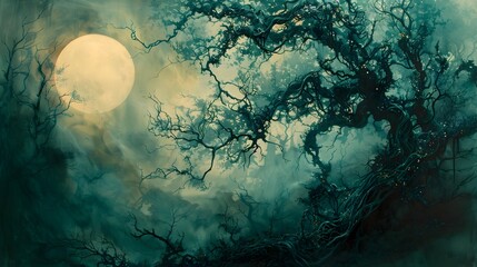 Fototapeta premium Moonlit Ancient Tree Oil Painting, To provide a unique and visually appealing piece of art for use in digital and printed designs, home decor, and