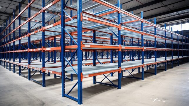 A large empty warehouse with long rows of shelves and racks.