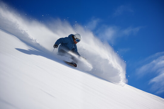 Man in movement carving down a mountain slop on snowboard. Generative AI