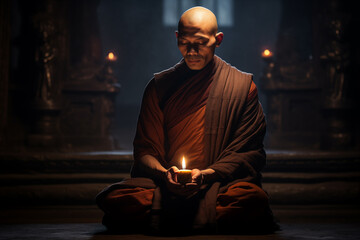 Contemplative monk, his serene countenance illuminated by the soft glow of candlelight. Generative...