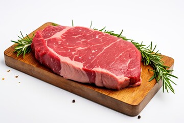 Fototapeta premium A large piece of fresh juicy red meat with streaks of fat is decorated with herbs and spices on a clean white background
