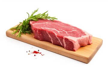 A large piece of fresh juicy red meat with streaks of fat is decorated with herbs and spices on a clean white background