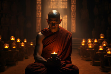 Pensive monk, his serene countenance illuminated by the soft glow of candlelight. Generative AI