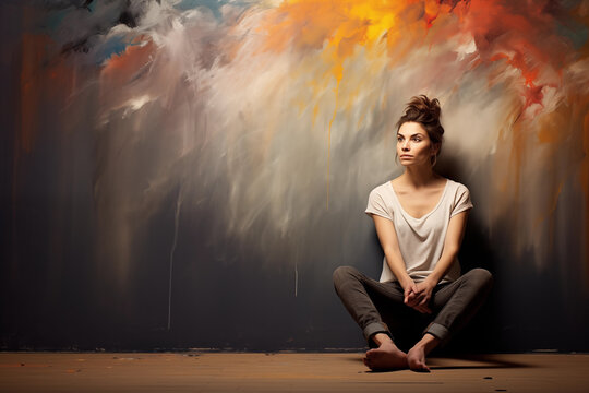 Artist seated in front of a canvas. Generative AI