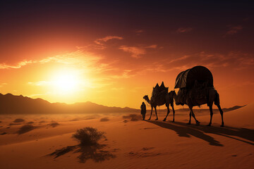 Fototapeta na wymiar Caravan crossing the endless sands of a desert. Generative AI