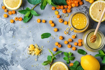 Lemons, mint, ginger, sea buckthorn berries, honey in glass jar, honey wooden dippers top view. Food for immunity stimulation and against flu. Healthy remedies to boost immune system, copy space.  - obrazy, fototapety, plakaty