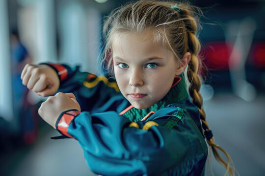 Young athletic kid has martial arts sports training