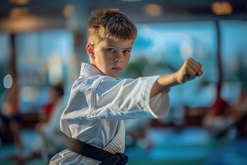 Young athletic kid has martial arts sports training