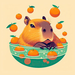 Cute capybara chilling in the water among tangerines, head portrait - 753082783
