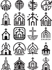 Churches and cross icons and logos for a simplistic modern minimalistic design. Some bell towns and building designs with the 4 corners of the world. 