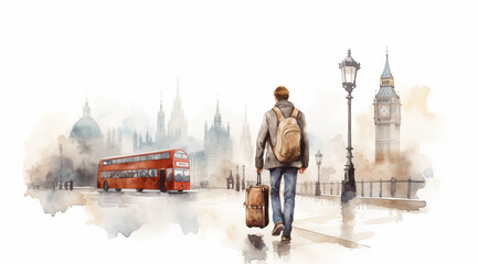 Great Britain traveling ads watercolor illustration, tourist with luggage in London, flight booking promotion, last minute voyage adventure - plane travel city trip guide advertising asset drawing. - obrazy, fototapety, plakaty