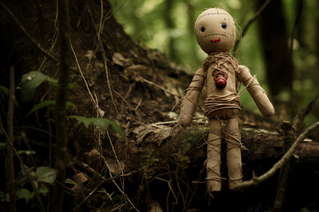 Voodoo doll as an occult symbols in mystery forest. Generative AI - obrazy, fototapety, plakaty