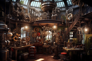 Obraz premium Interior of whimsical steampunk inventor's workshop. Generative AI