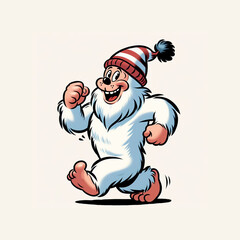 Vintage cartoon yeti mascot, walking in a woolen hat, isolated on white