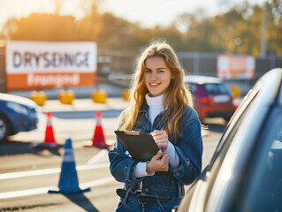 A confident driving instructor with a clipboard stands next to a car in a driving school practice area.