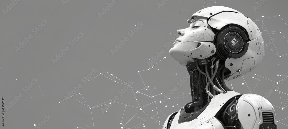 Poster white robot with floating digital network in 3d rendering, offering ample text space
