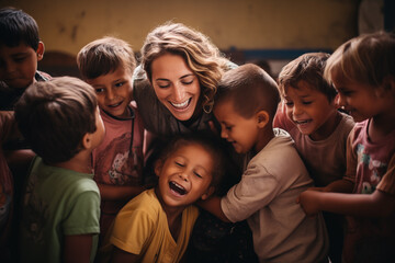 Nurturing teacher, surrounded by children, their face adorned with a warm smile and compassionate eyes. Generative AI