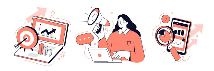 Digital marketing, social media market or advertising concept design. Character working at business project strategy and analyzing data. Vector illustration set.