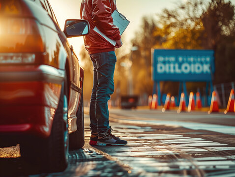 A driving instructor stands by a vehicle on a course at sunset, ready for a training session.