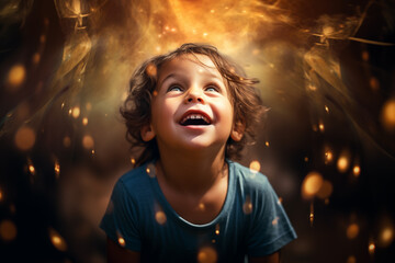 Cute kid, eyes sparkling with innocence and wonder, surrounded by world of imagination and possibility. Generative AI - obrazy, fototapety, plakaty