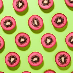 Slices of kiwi on green background. Flat lay. Kiwi pattern for design.