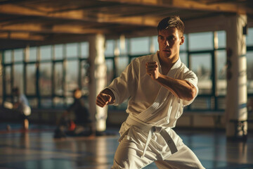 Young athletic man has martial arts sports training