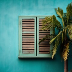 Tropical Serenity: Palm Tree by a Shuttered Window on a Turquoise Wall