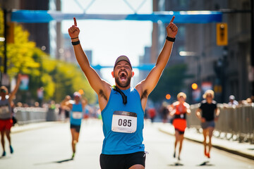 Excited marathon runner, crossing the finish line with arms outstretched in victory. Generative AI