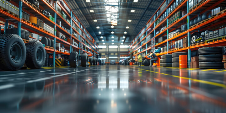 The low perspective showcases the symmetrical view of a tire warehouse with high shelves on either side.