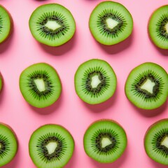 Fototapeta premium Slices of kiwi on pink background. Flat lay. Kiwi pattern for design.