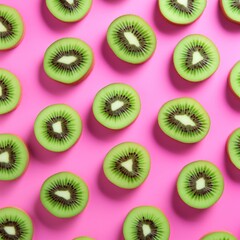 Fototapeta premium Slices of kiwi on pink background. Flat lay. Kiwi pattern for design.
