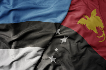 big waving national colorful flag of Papua New Guinea and national flag of estonia.