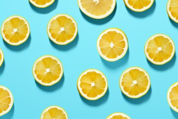 Fototapeta premium Summer pattern made with yellow lemon slice on bright light blue background. Minimal summer concept.